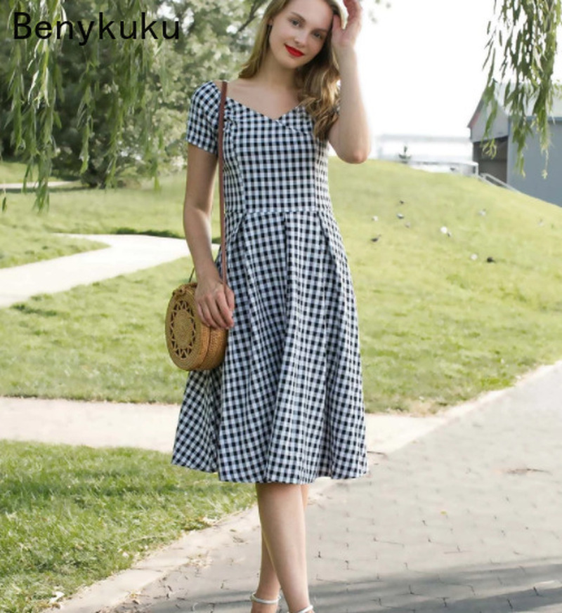 England Style Off  Shoulder Black Plaid Dress Retro Vintage 50s Rockabilly Pin Up Casual Party Dresses Plus Size Women Clothing