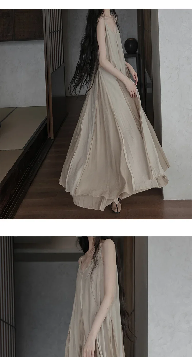 UMI MAO Chinese Style Loose Super-long Ankle-length Oversized Swing Raw Edge Stitching Literary Heavy Work Elegant Dress Woman