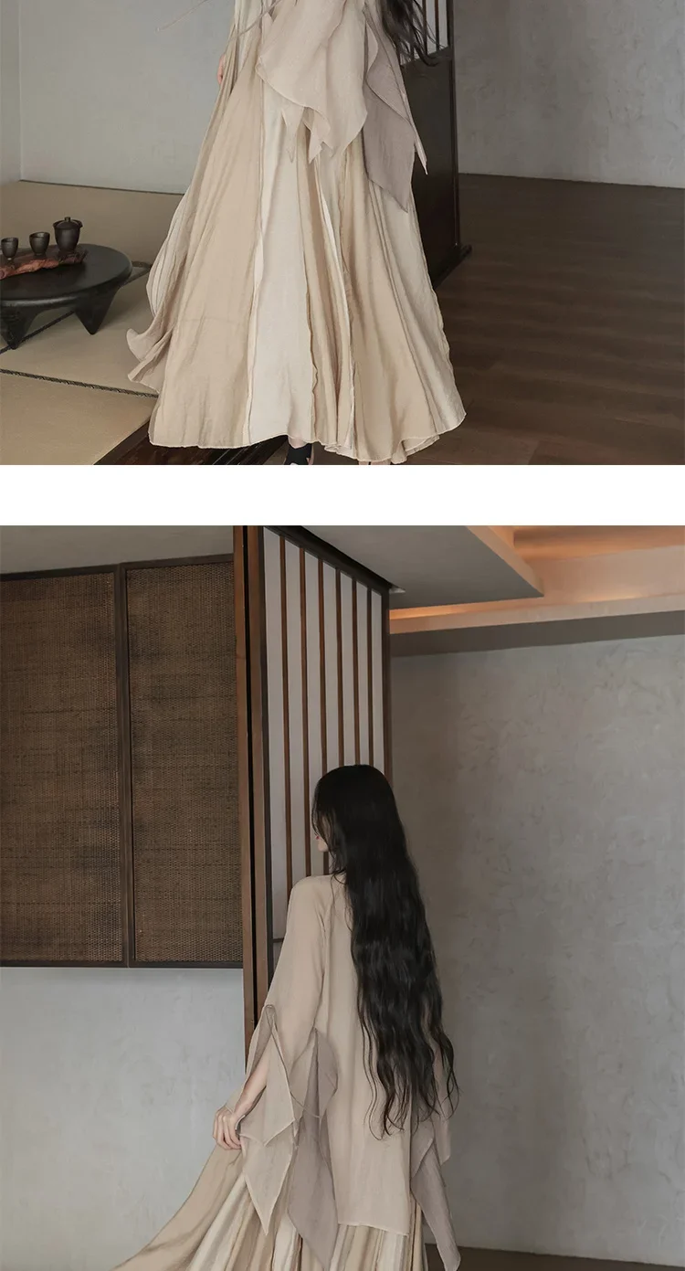 UMI MAO Chinese Style Loose Super-long Ankle-length Oversized Swing Raw Edge Stitching Literary Heavy Work Elegant Dress Woman