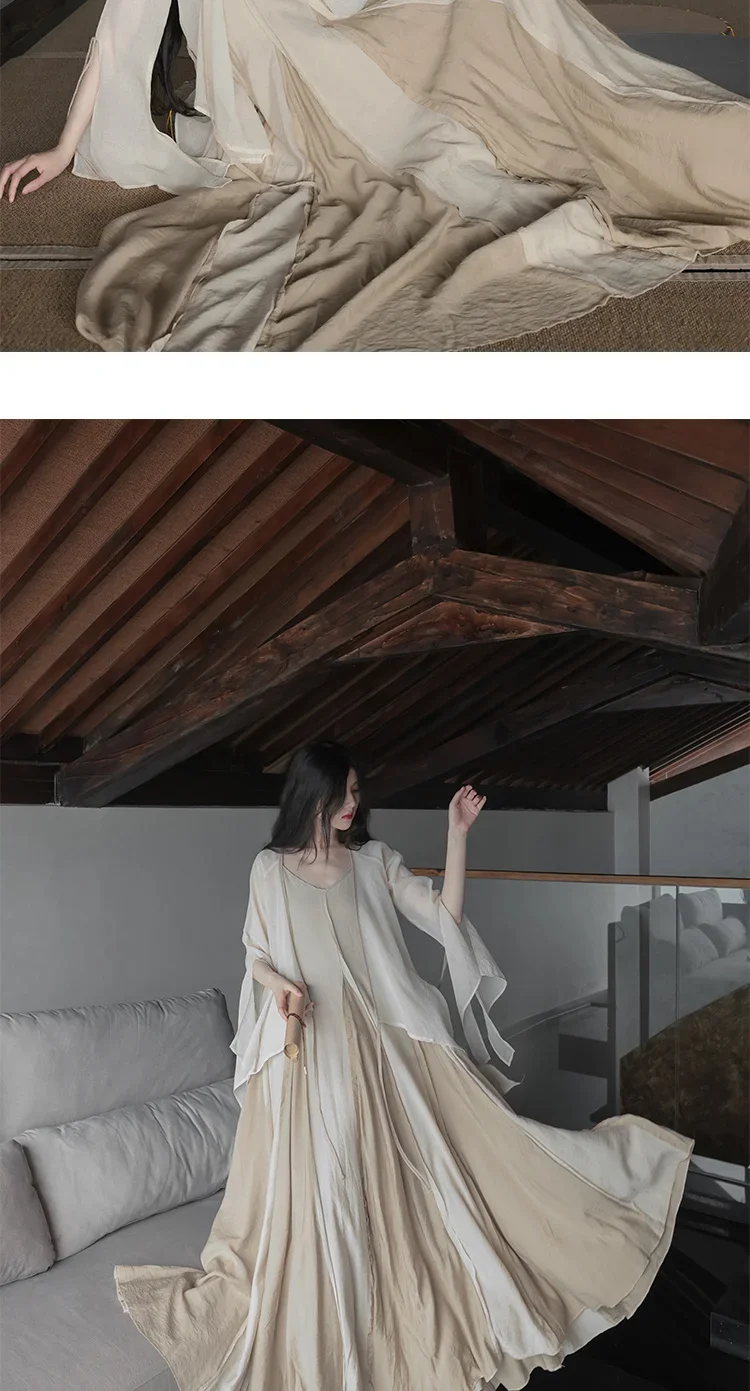 UMI MAO Chinese Style Loose Super-long Ankle-length Oversized Swing Raw Edge Stitching Literary Heavy Work Elegant Dress Woman