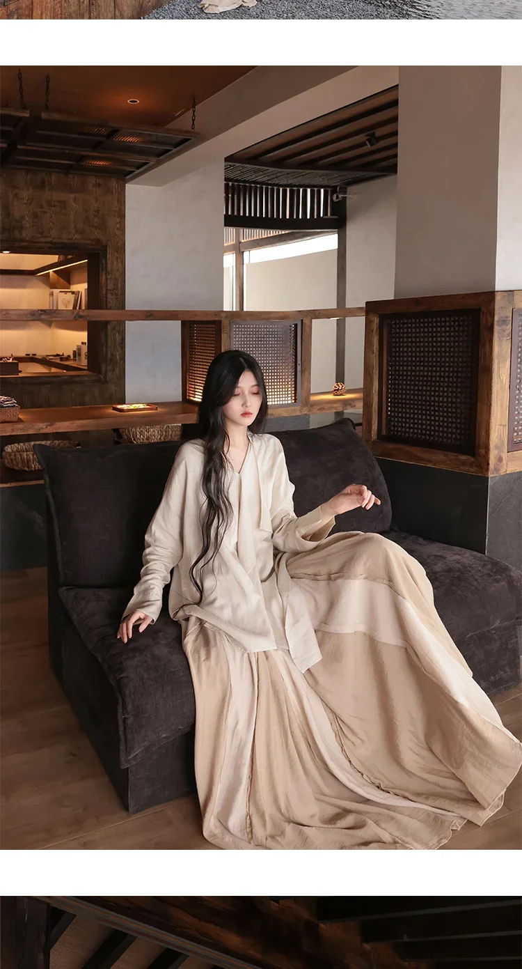 UMI MAO Chinese Style Loose Super-long Ankle-length Oversized Swing Raw Edge Stitching Literary Heavy Work Elegant Dress Woman