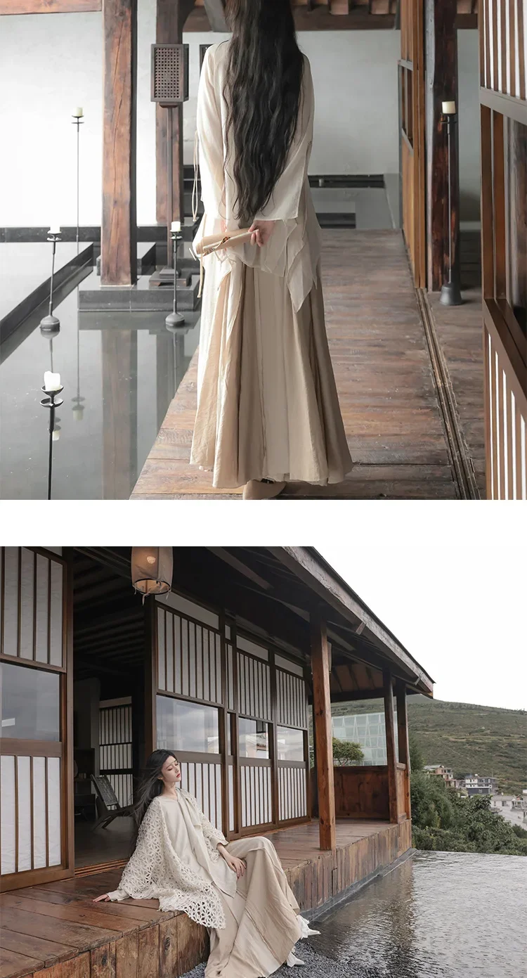 UMI MAO Chinese Style Loose Super-long Ankle-length Oversized Swing Raw Edge Stitching Literary Heavy Work Elegant Dress Woman