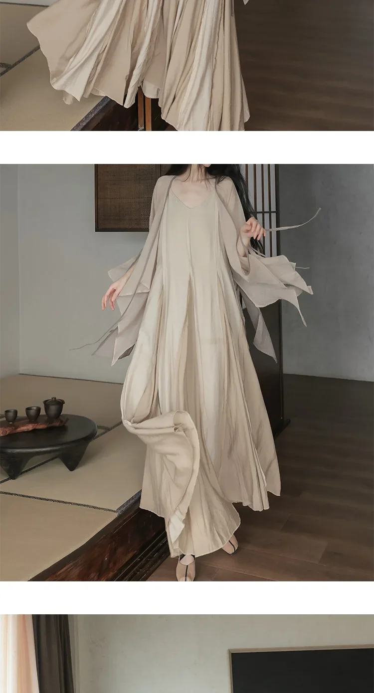 UMI MAO Chinese Style Loose Super-long Ankle-length Oversized Swing Raw Edge Stitching Literary Heavy Work Elegant Dress Woman