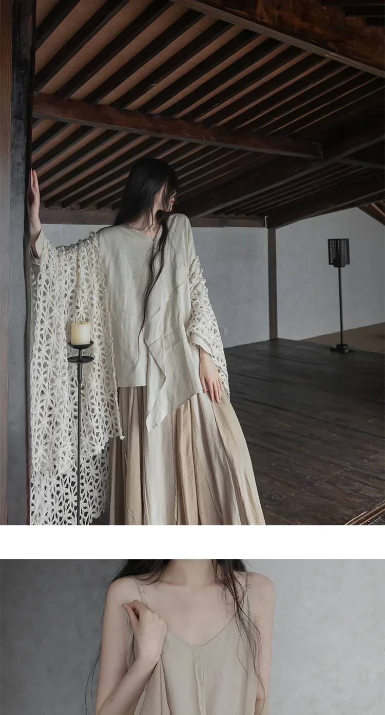 UMI MAO Chinese Style Loose Super-long Ankle-length Oversized Swing Raw Edge Stitching Literary Heavy Work Elegant Dress Woman