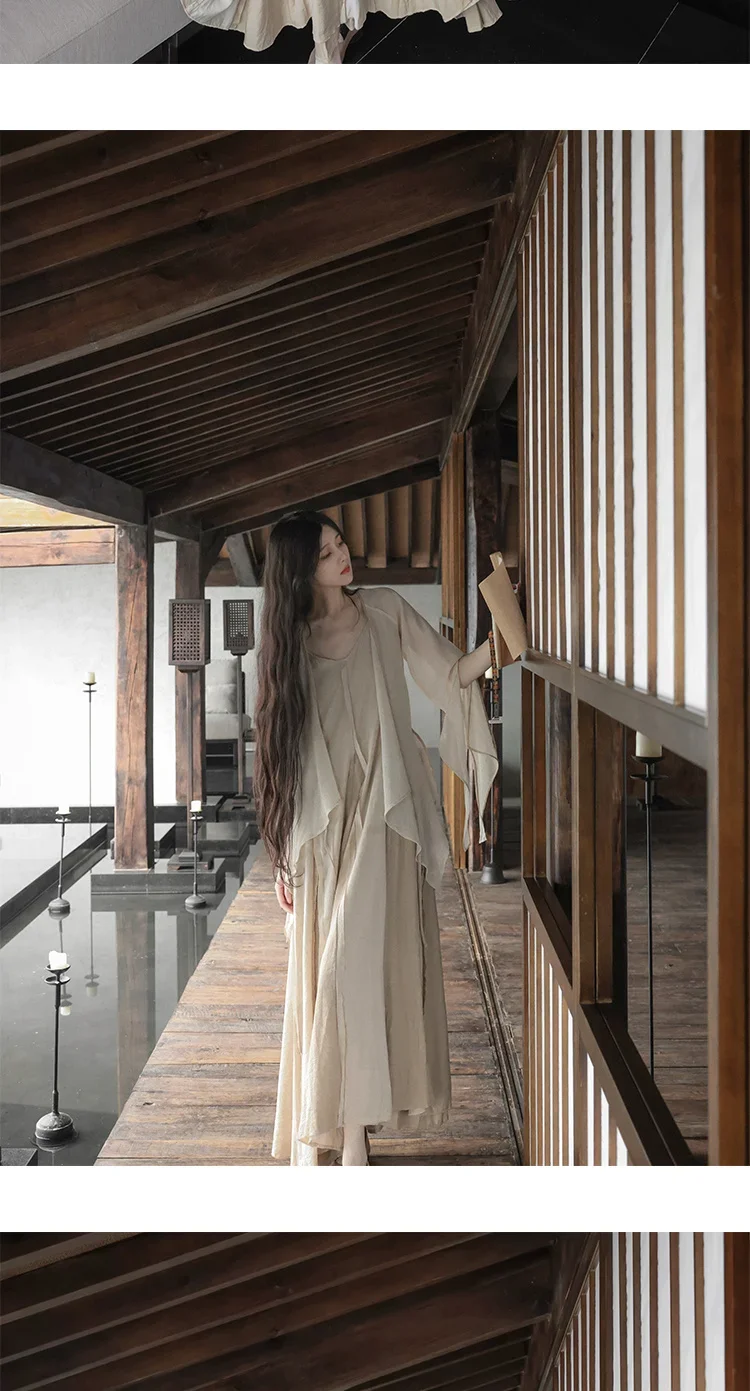 UMI MAO Chinese Style Loose Super-long Ankle-length Oversized Swing Raw Edge Stitching Literary Heavy Work Elegant Dress Woman