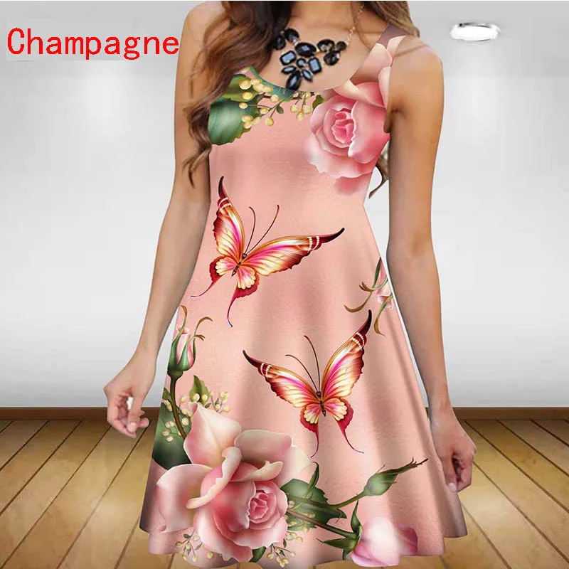 Plant Flowers 3D Printed Women Dress Elegant Sweet Casual Sleeveless A-Line Dresses 2023 Oversized Summer Sexy Clothing Sundress