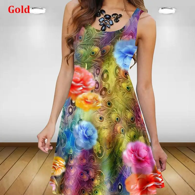 Plant Flowers 3D Printed Women Dress Elegant Sweet Casual Sleeveless A-Line Dresses 2023 Oversized Summer Sexy Clothing Sundress