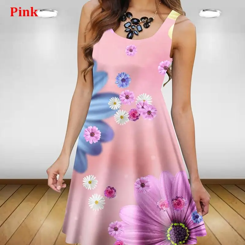Plant Flowers 3D Printed Women Dress Elegant Sweet Casual Sleeveless A-Line Dresses 2023 Oversized Summer Sexy Clothing Sundress
