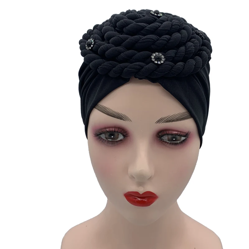 Diamonds Braids Turban Hat for Women Muslim Headscarf Bonnet Female Inner Hijabs Arab Head Wraps African Headtie Caps