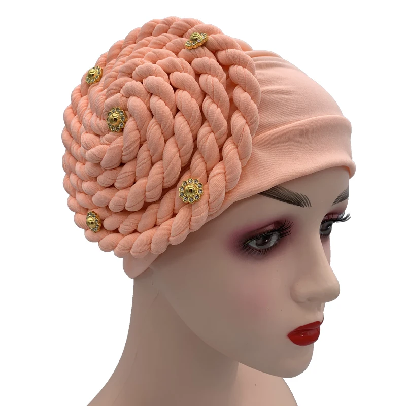 Diamonds Braids Turban Hat for Women Muslim Headscarf Bonnet Female Inner Hijabs Arab Head Wraps African Headtie Caps