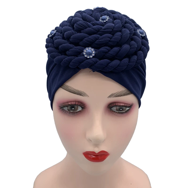Diamonds Braids Turban Hat for Women Muslim Headscarf Bonnet Female Inner Hijabs Arab Head Wraps African Headtie Caps