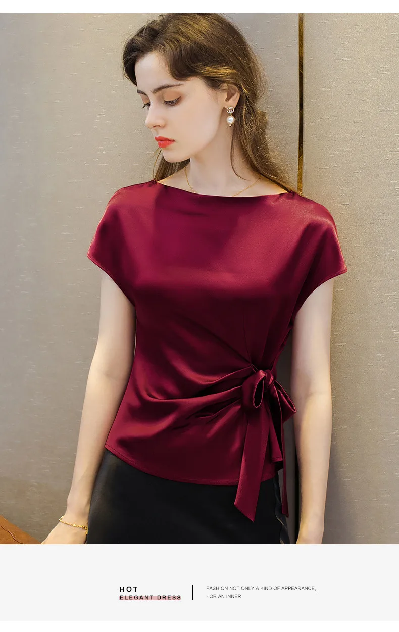 Black White Red Office Lady Chiffon Shirts New Korean Satin Silk Lace Up Shirts Women Vintage Boat Neck Acetate Satin Blouse
