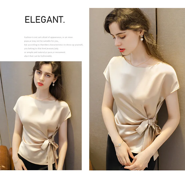 Black White Red Office Lady Chiffon Shirts New Korean Satin Silk Lace Up Shirts Women Vintage Boat Neck Acetate Satin Blouse