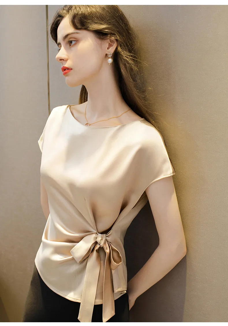 Black White Red Office Lady Chiffon Shirts New Korean Satin Silk Lace Up Shirts Women Vintage Boat Neck Acetate Satin Blouse