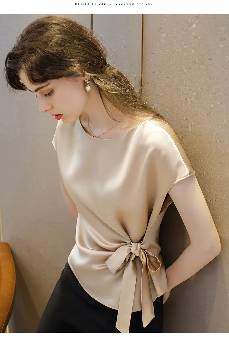 Black White Red Office Lady Chiffon Shirts New Korean Satin Silk Lace Up Shirts Women Vintage Boat Neck Acetate Satin Blouse