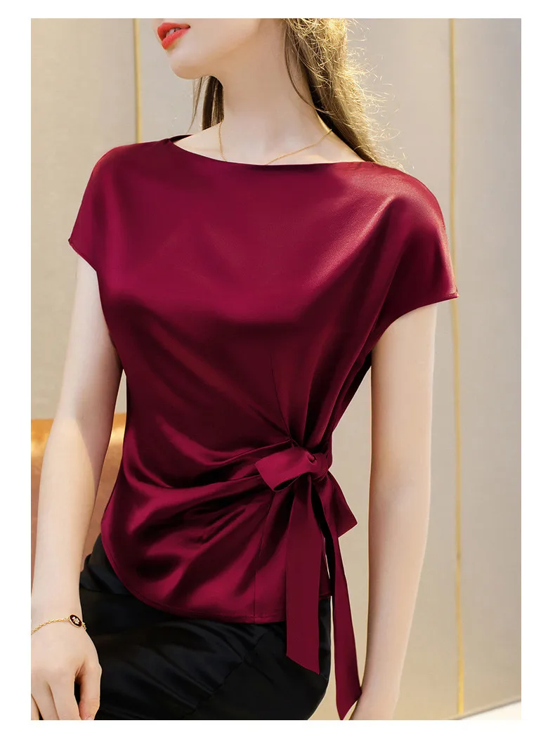 Black White Red Office Lady Chiffon Shirts New Korean Satin Silk Lace Up Shirts Women Vintage Boat Neck Acetate Satin Blouse