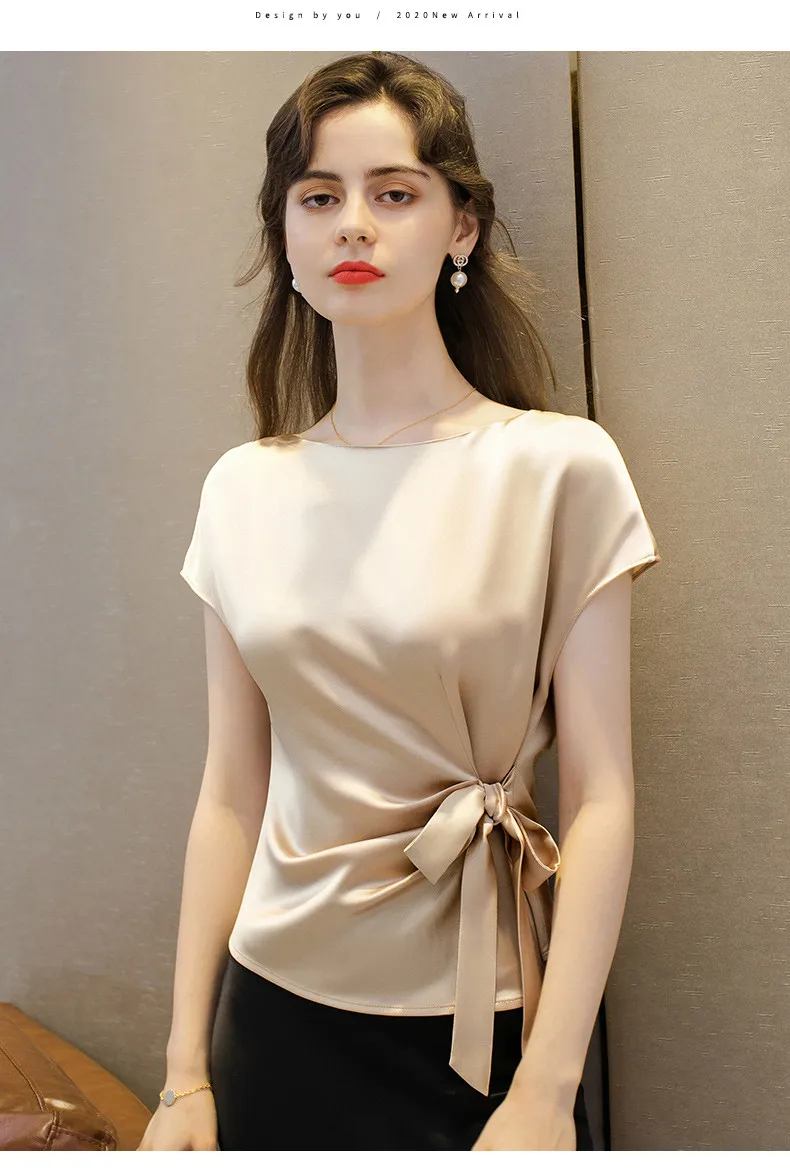 Black White Red Office Lady Chiffon Shirts New Korean Satin Silk Lace Up Shirts Women Vintage Boat Neck Acetate Satin Blouse