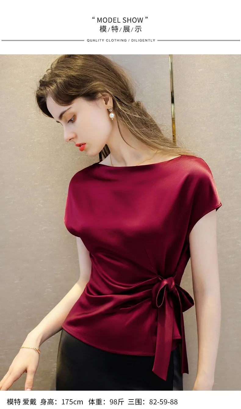Black White Red Office Lady Chiffon Shirts New Korean Satin Silk Lace Up Shirts Women Vintage Boat Neck Acetate Satin Blouse