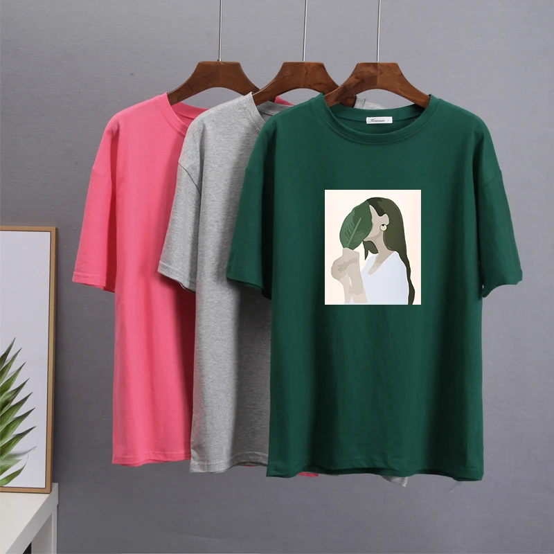 Hirsionsan Harajuku Printed T Shirt Women 2023 Summer Chic Tees 100% Cotton Elegant Graphic Clothes Loose Casual Pullover Tops