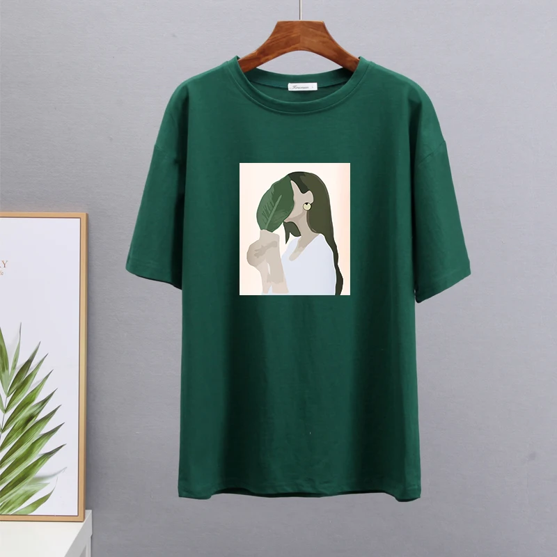 Hirsionsan Harajuku Printed T Shirt Women 2023 Summer Chic Tees 100% Cotton Elegant Graphic Clothes Loose Casual Pullover Tops