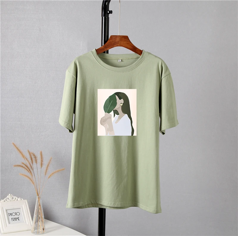 Hirsionsan Harajuku Printed T Shirt Women 2023 Summer Chic Tees 100% Cotton Elegant Graphic Clothes Loose Casual Pullover Tops
