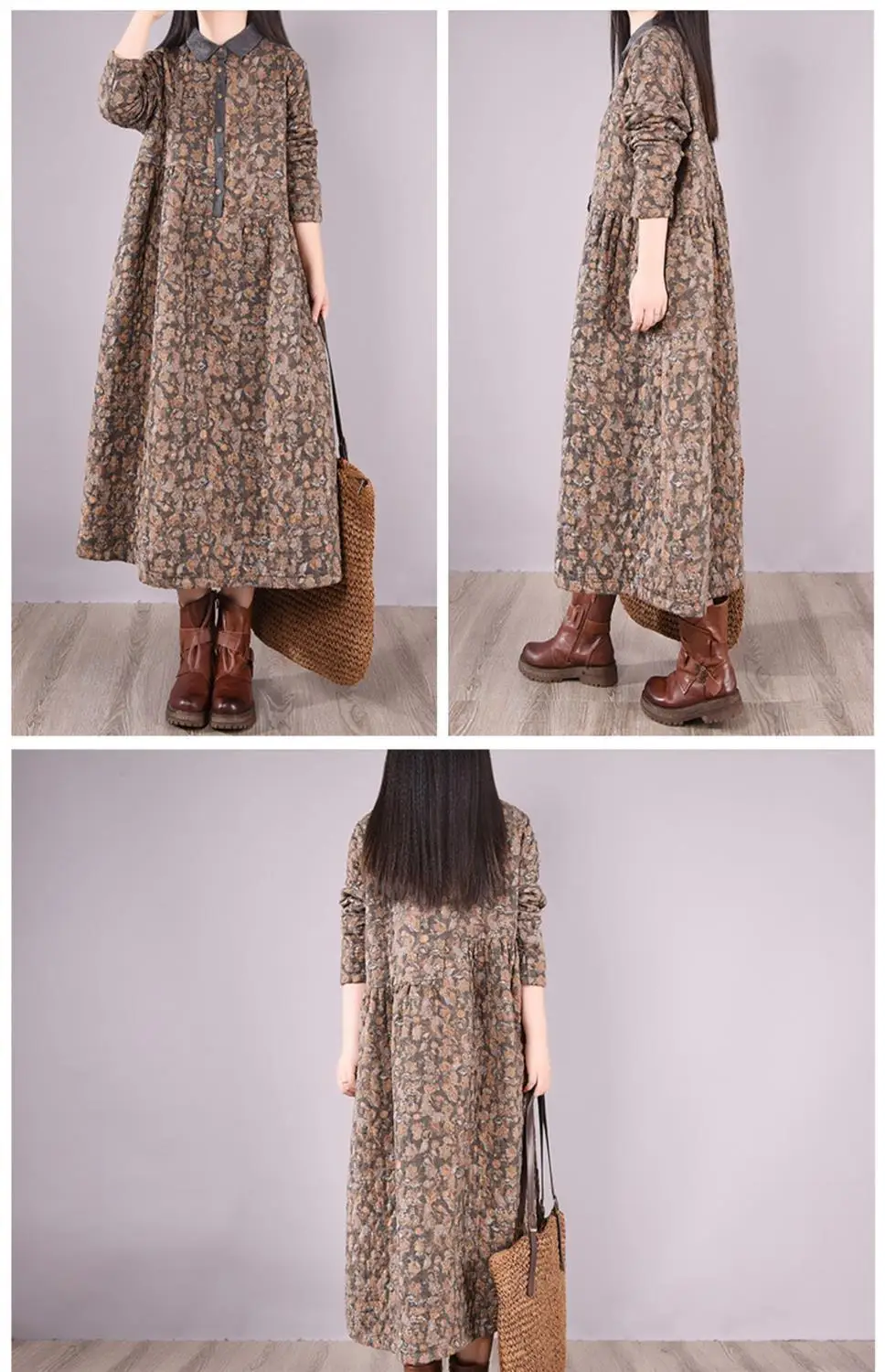 Women Casual Dress New 2022 Autumn Vintage Style Turn-down Collar Print Loose Comfortable Female A-line Long Dresses D461