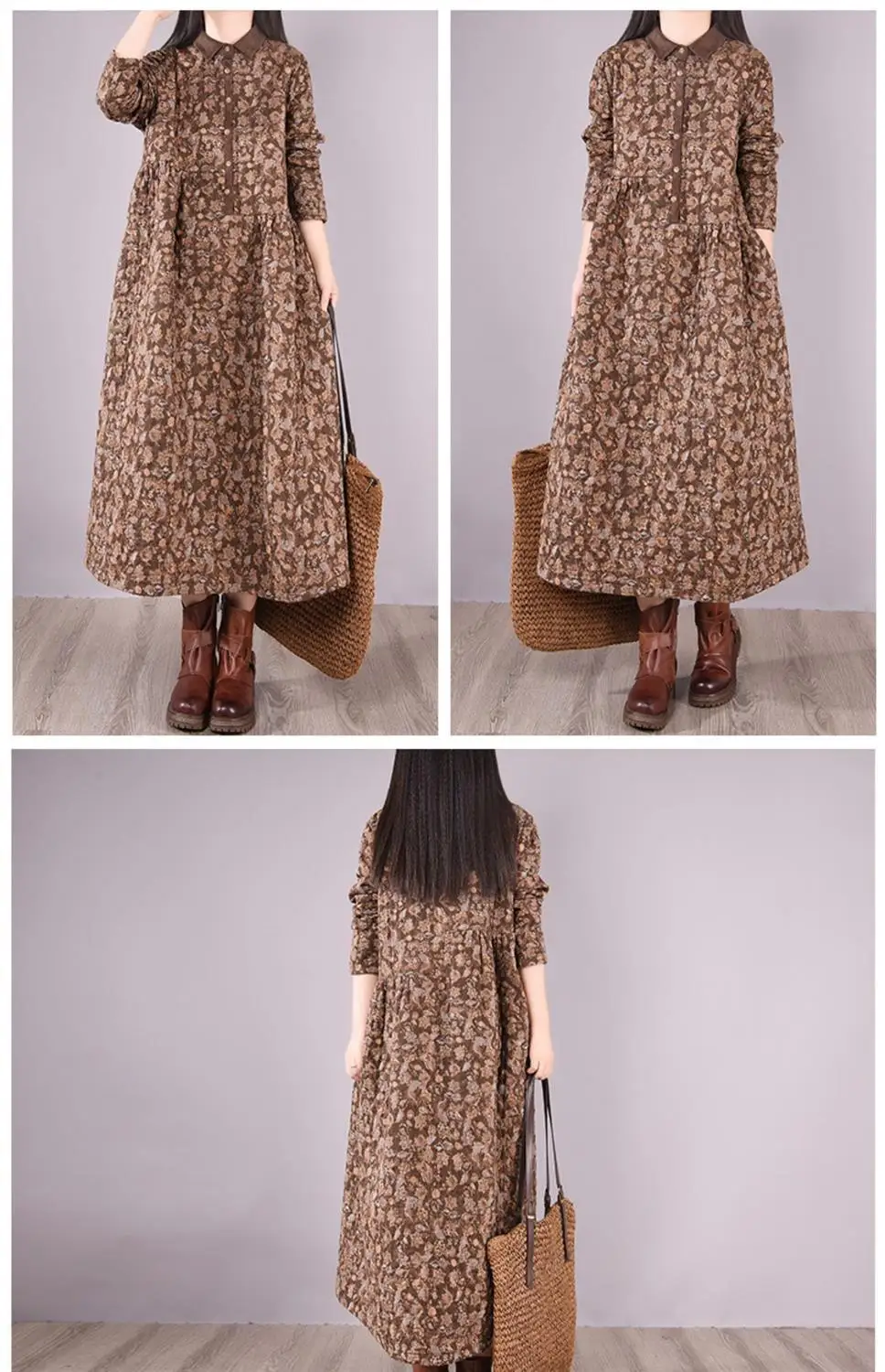 Women Casual Dress New 2022 Autumn Vintage Style Turn-down Collar Print Loose Comfortable Female A-line Long Dresses D461