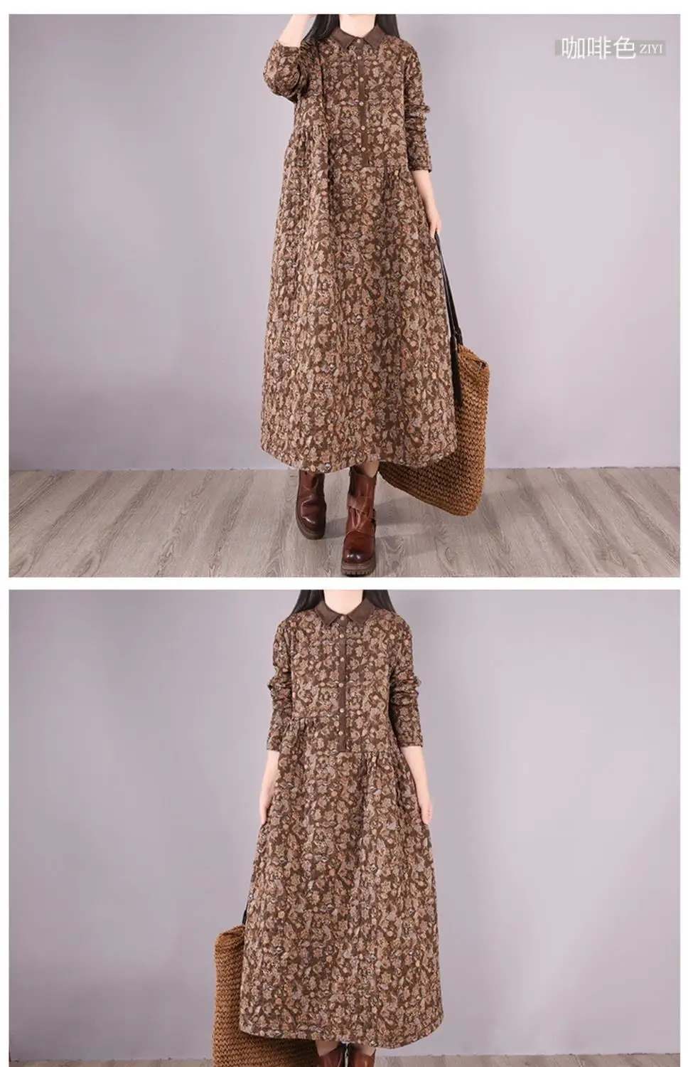 Women Casual Dress New 2022 Autumn Vintage Style Turn-down Collar Print Loose Comfortable Female A-line Long Dresses D461
