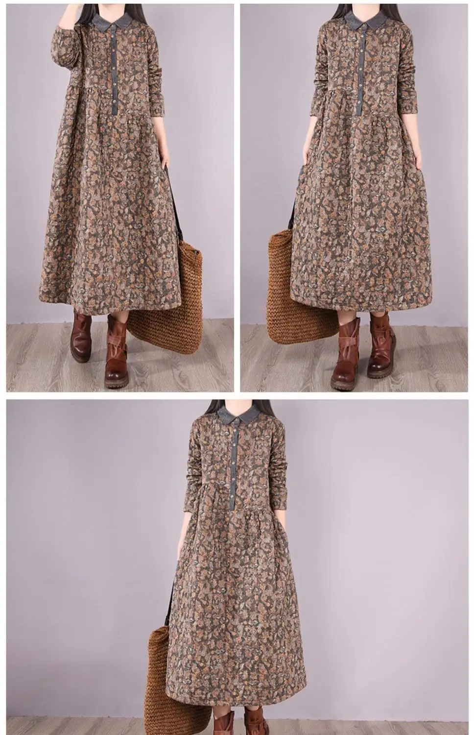 Women Casual Dress New 2022 Autumn Vintage Style Turn-down Collar Print Loose Comfortable Female A-line Long Dresses D461