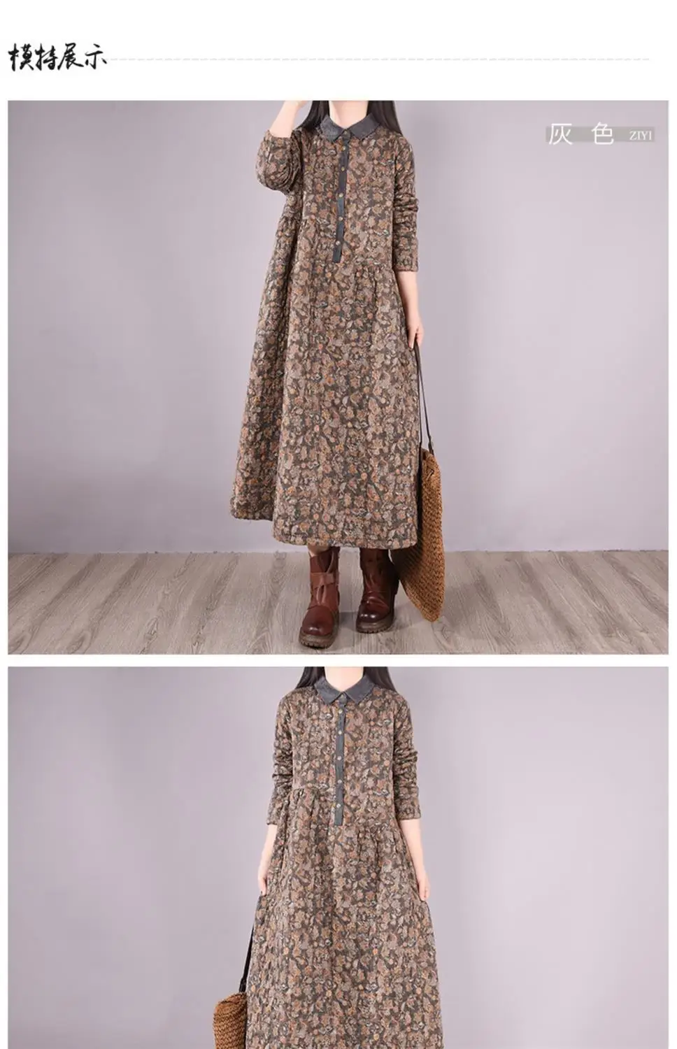 Women Casual Dress New 2022 Autumn Vintage Style Turn-down Collar Print Loose Comfortable Female A-line Long Dresses D461