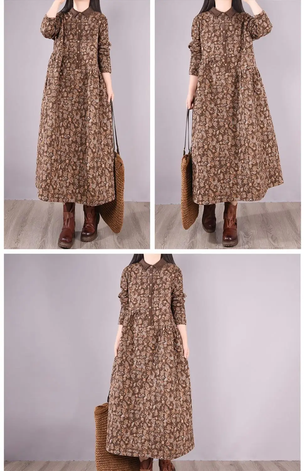 Women Casual Dress New 2022 Autumn Vintage Style Turn-down Collar Print Loose Comfortable Female A-line Long Dresses D461