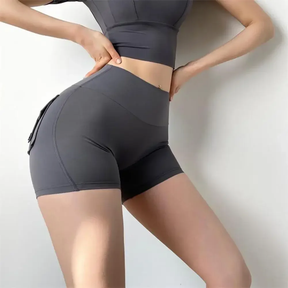 Summer Peach Butt Fitness Exercise Three-Quarter Pants Cargo Air Dry Pocket Yoga Tight lift the hips Women's Shorts