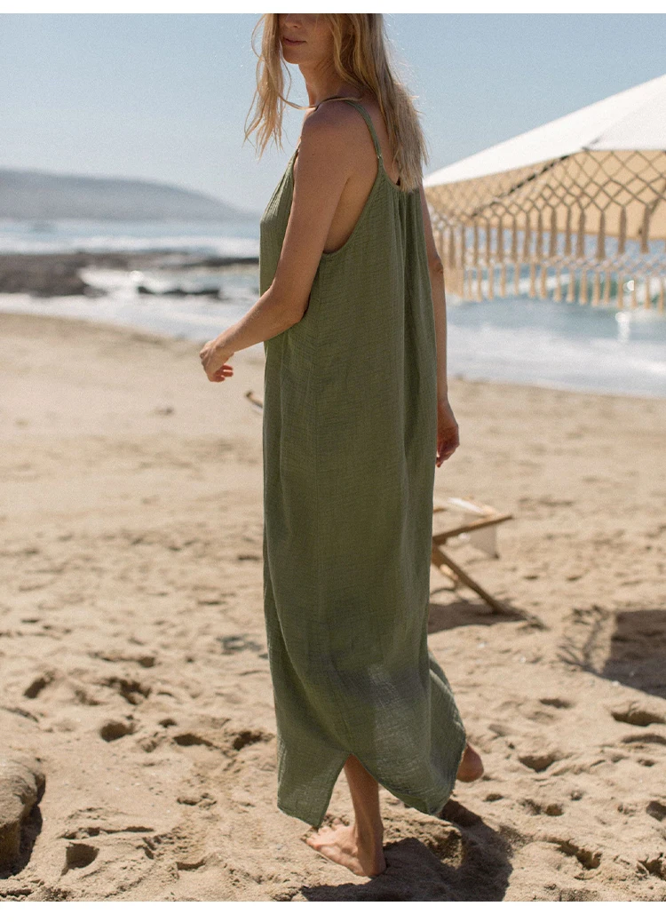 Vintage 100% Cotton Women's Dress Sexy Spaghetti Strap Casual Loose Holiday Beach Long Midi Party Elegant Dresses For Women 2026