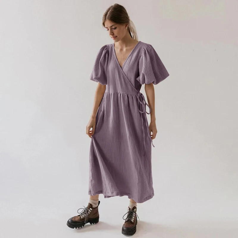 Vintage 100% Cotton Puff Sleeve Maxi Dress For Women Muslin Crepe Gauze V-Neck Bandage Lace Elegant Long Birthday Party Dress