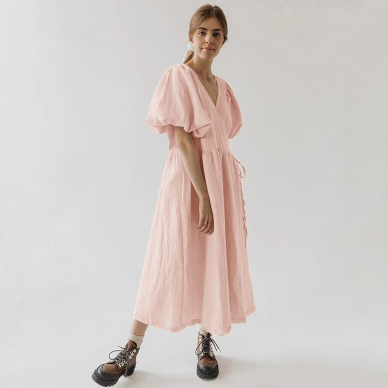 Vintage 100% Cotton Puff Sleeve Maxi Dress For Women Muslin Crepe Gauze V-Neck Bandage Lace Elegant Long Birthday Party Dress