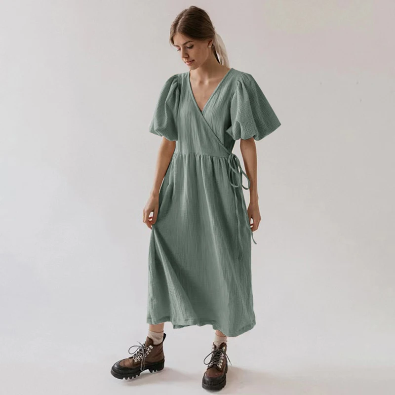 Vintage 100% Cotton Puff Sleeve Maxi Dress For Women Muslin Crepe Gauze V-Neck Bandage Lace Elegant Long Birthday Party Dress