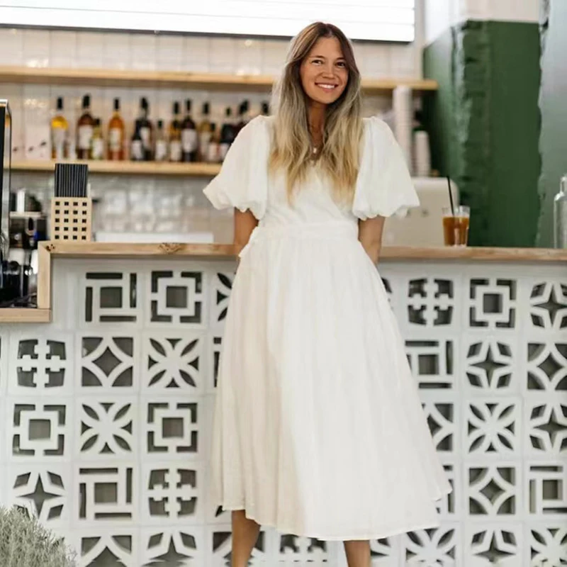 Vintage 100% Cotton Puff Sleeve Maxi Dress For Women Muslin Crepe Gauze V-Neck Bandage Lace Elegant Long Birthday Party Dress