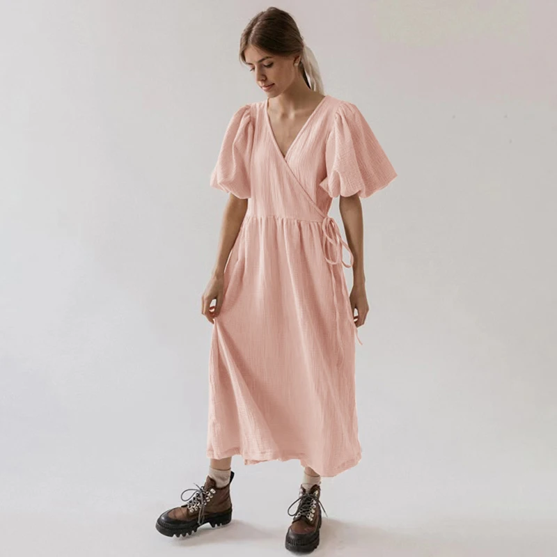 Vintage 100% Cotton Puff Sleeve Maxi Dress For Women Muslin Crepe Gauze V-Neck Bandage Lace Elegant Long Birthday Party Dress