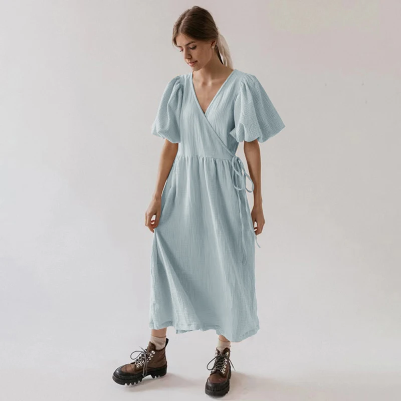 Vintage 100% Cotton Puff Sleeve Maxi Dress For Women Muslin Crepe Gauze V-Neck Bandage Lace Elegant Long Birthday Party Dress