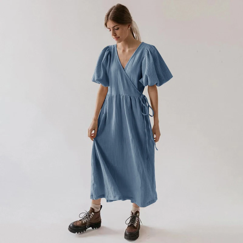 Vintage 100% Cotton Puff Sleeve Maxi Dress For Women Muslin Crepe Gauze V-Neck Bandage Lace Elegant Long Birthday Party Dress