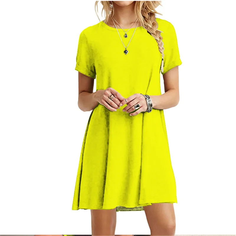 Casual Women Dress Summer Short Sleeve O Neck T Shirt Dress Simple Black Red A Line Mini Dress Vintage Solid Loose Dress Robe