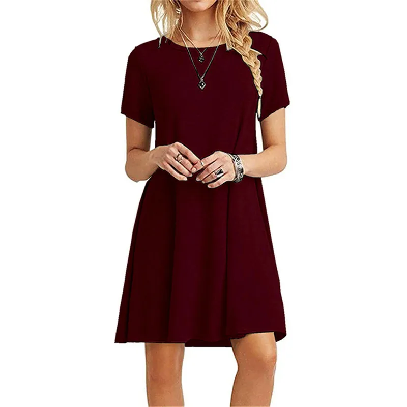 Casual Women Dress Summer Short Sleeve O Neck T Shirt Dress Simple Black Red A Line Mini Dress Vintage Solid Loose Dress Robe