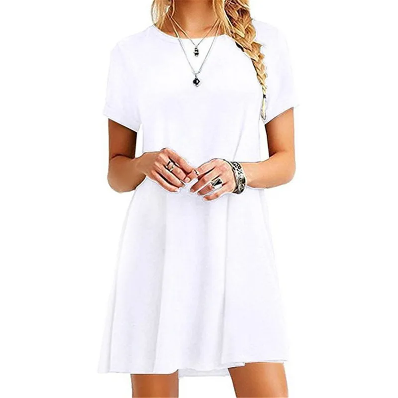 Casual Women Dress Summer Short Sleeve O Neck T Shirt Dress Simple Black Red A Line Mini Dress Vintage Solid Loose Dress Robe