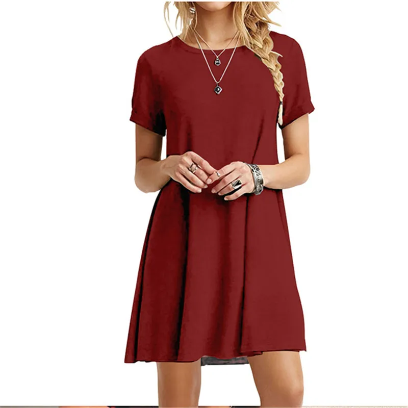 Casual Women Dress Summer Short Sleeve O Neck T Shirt Dress Simple Black Red A Line Mini Dress Vintage Solid Loose Dress Robe