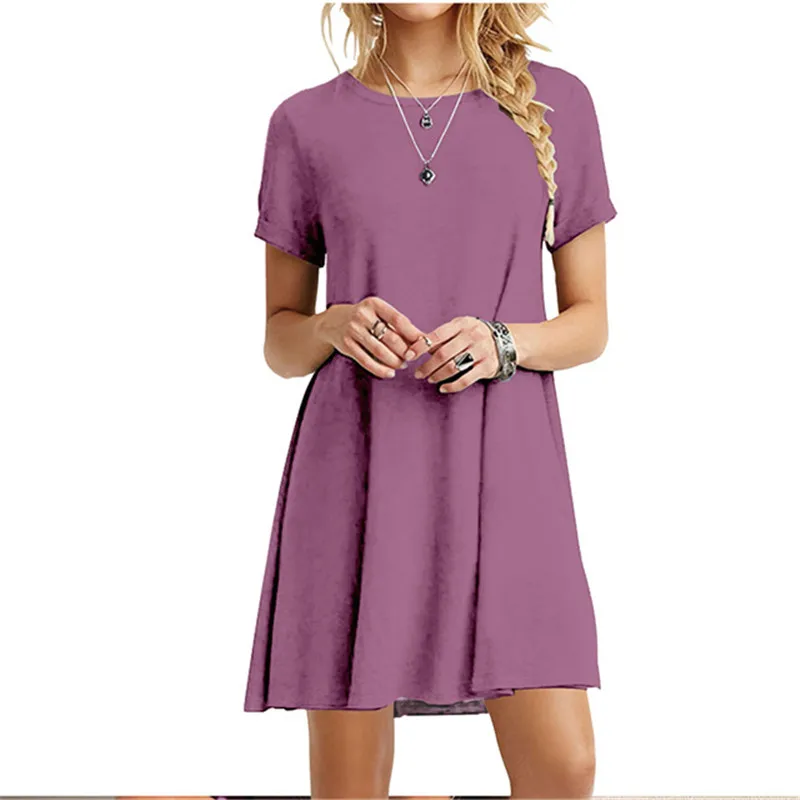 Casual Women Dress Summer Short Sleeve O Neck T Shirt Dress Simple Black Red A Line Mini Dress Vintage Solid Loose Dress Robe