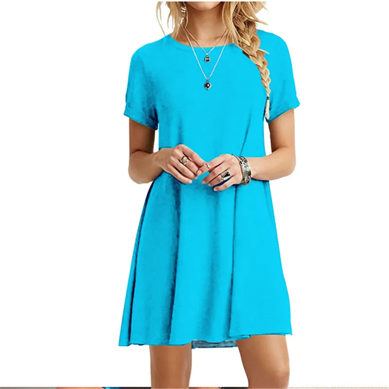 Casual Women Dress Summer Short Sleeve O Neck T Shirt Dress Simple Black Red A Line Mini Dress Vintage Solid Loose Dress Robe
