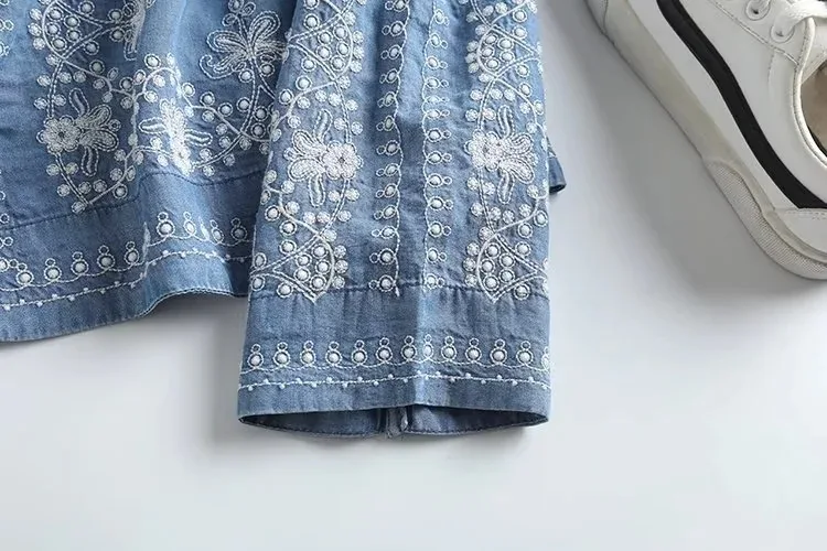 Long Sleeve Denim Shirt Women's Spring Summer Soft Jeans Stand Collar Floral Embroidery Blouses Thin Coat Tops New 2023 T35430M