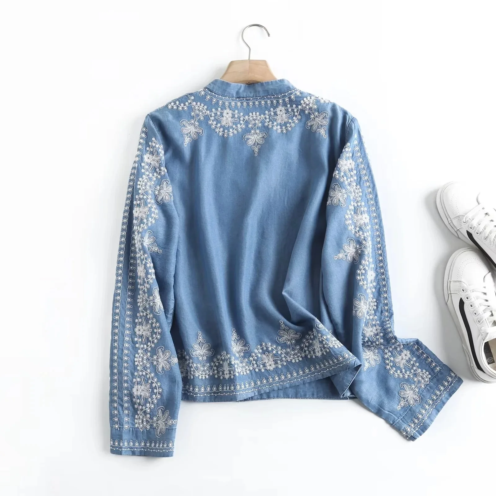 Long Sleeve Denim Shirt Women's Spring Summer Soft Jeans Stand Collar Floral Embroidery Blouses Thin Coat Tops New 2023 T35430M