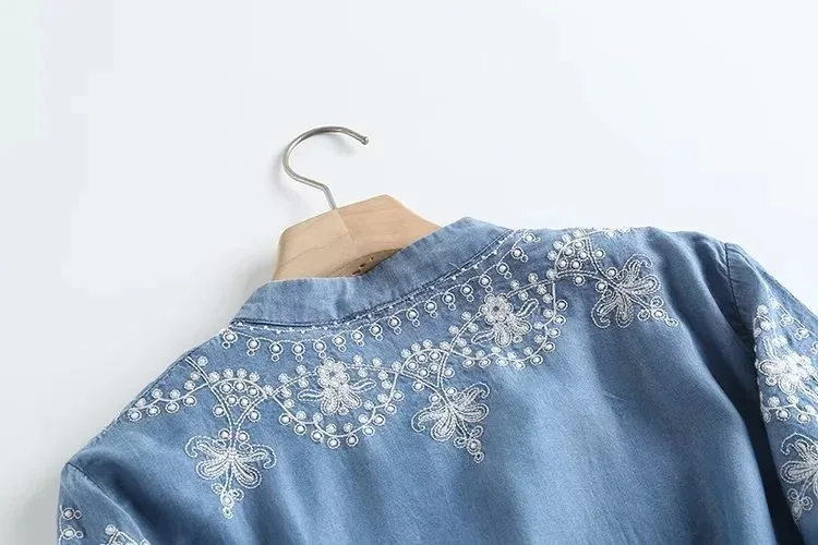 Long Sleeve Denim Shirt Women's Spring Summer Soft Jeans Stand Collar Floral Embroidery Blouses Thin Coat Tops New 2023 T35430M