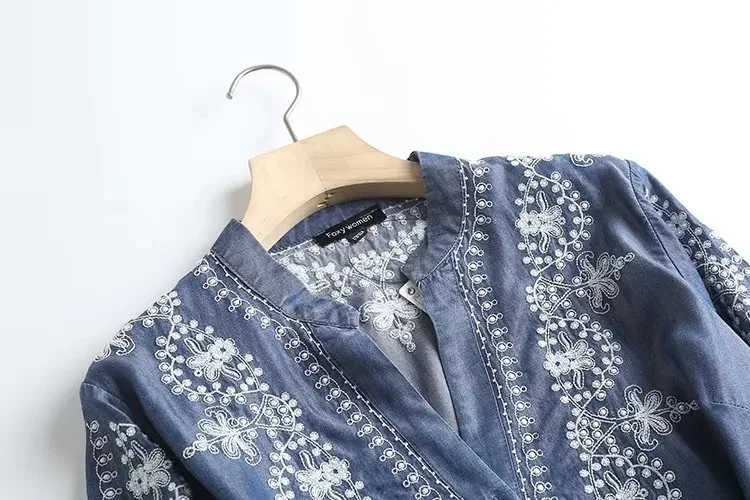 Long Sleeve Denim Shirt Women's Spring Summer Soft Jeans Stand Collar Floral Embroidery Blouses Thin Coat Tops New 2023 T35430M